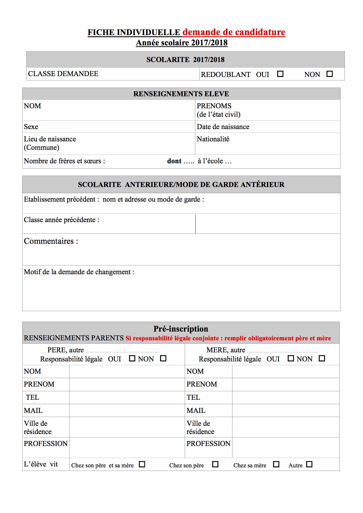 demande de candidature  Ecole Primaire SainteMarie de la Ferrade
